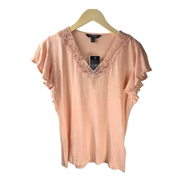 NWT Ralph Lauren Pink Flutter Sleeve V Neck Lace Trim Top — Size Small - Picture 5 of 11